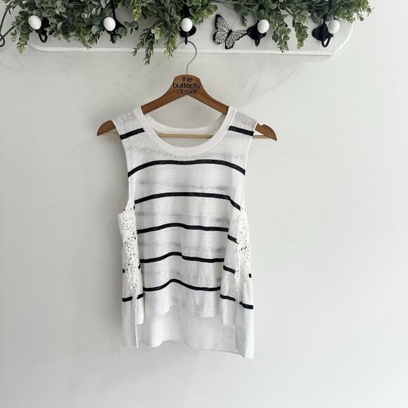 A.L.C Ivory Striped Linen Basic Tank Top with Crochet Detail Size S K1242 - Picture 1 of 2